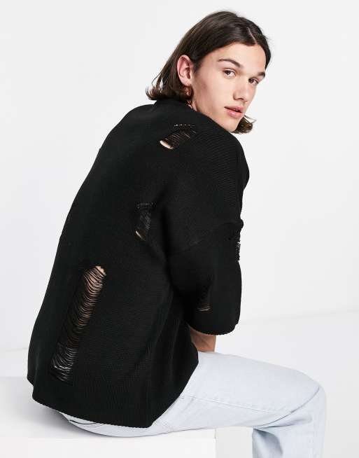 Topman oversized knit T-shirt with distressing in black