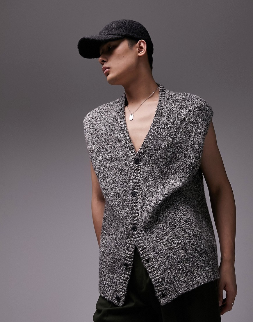 Topman oversized knitted button through vest in grey marl-Black