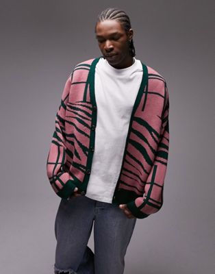 Topman oversized knitted cardigan with splice animal check in pink