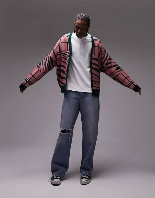 Topman oversized knitted cardigan with splice animal check in pink, 4 of 4