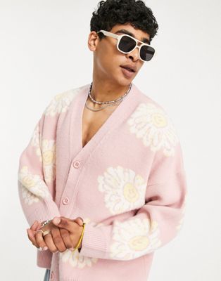 Topman oversized knitted cardigan with sunflower print in light pink