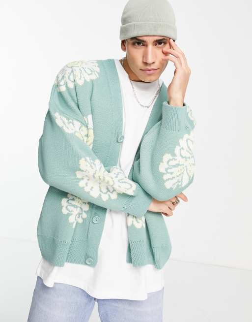 Topman oversized knitted cardigan with sunflower print in sage