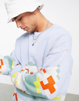 Topman oversized knitted crew neck jumper with all over digital print in multi