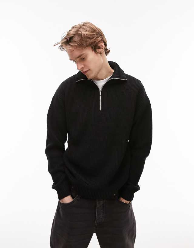 Topman oversized knitted funnel neck sweater in black