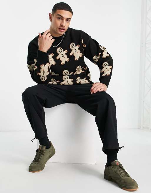 Topman oversized knitted gingerbread jumper in black, 3 of 4