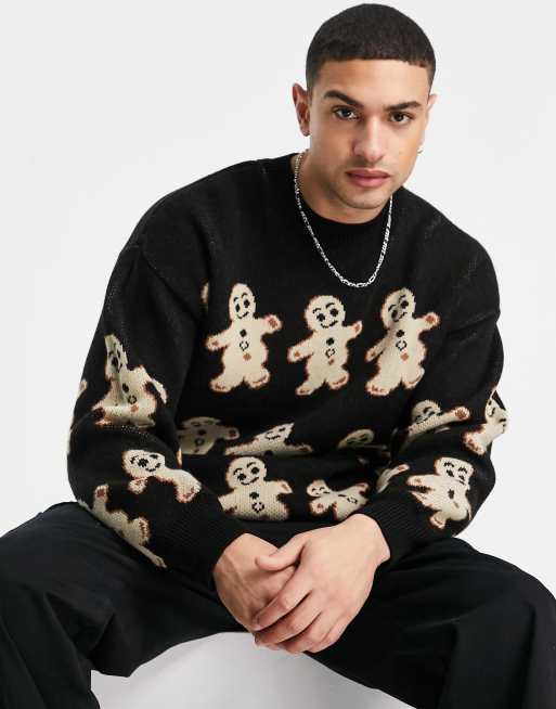 Topman oversized knitted gingerbread jumper in black, 4 of 4