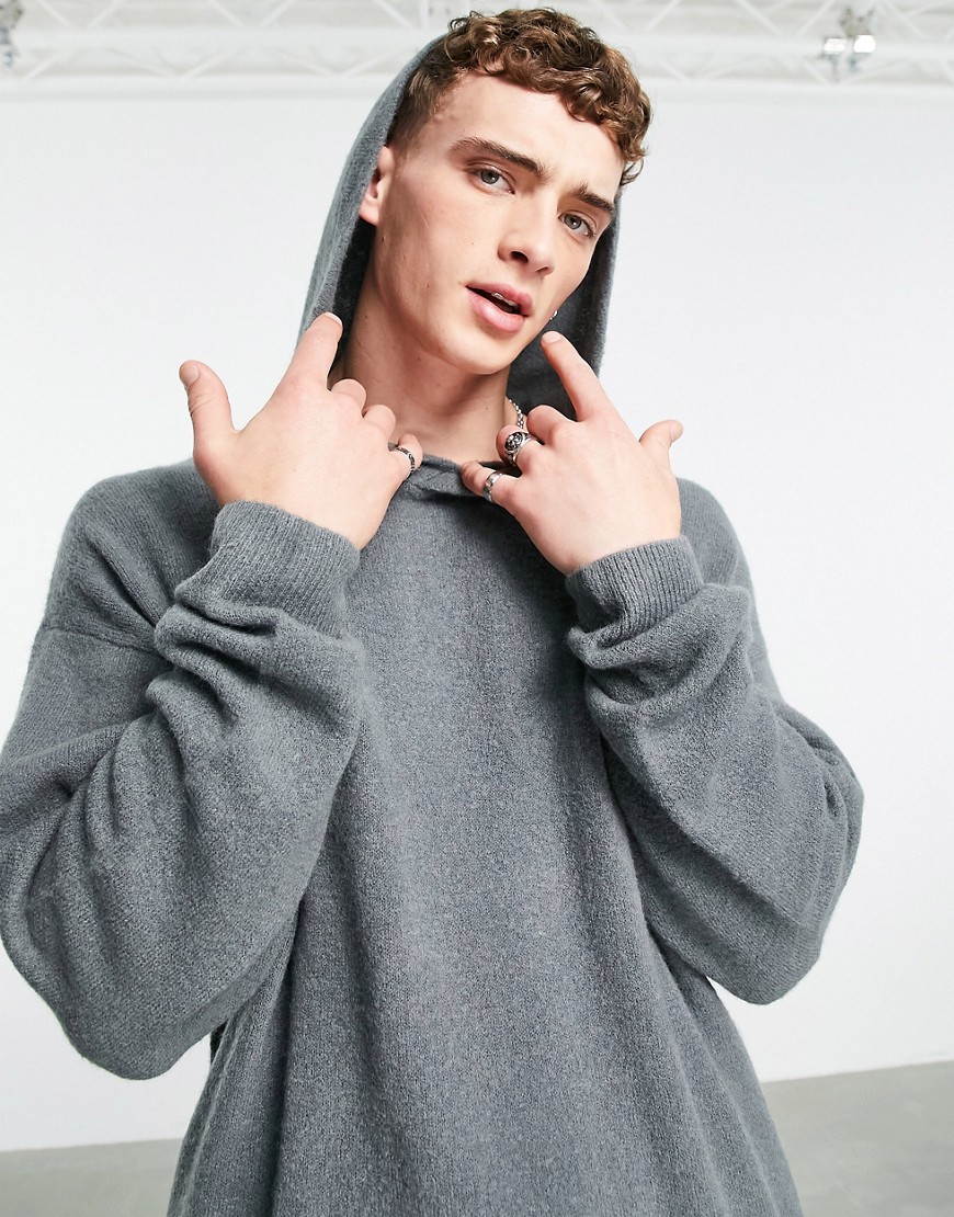 Topman oversized knitted hoodie in charcoal-Green