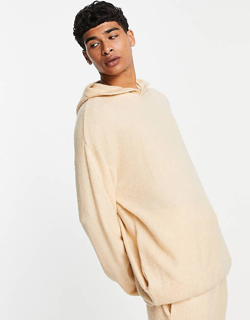 Topman oversized knitted hoodie in stone