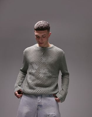 Topman oversized knitted jumper with floral crochet design in khaki