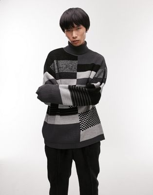 Topman oversized knitted roll neck jumper with patchwork in grey
