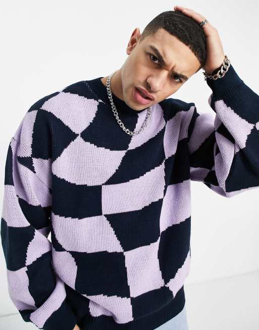 Topman oversized knitted sweater with warped checkerboard in navy and lilac  | ASOS