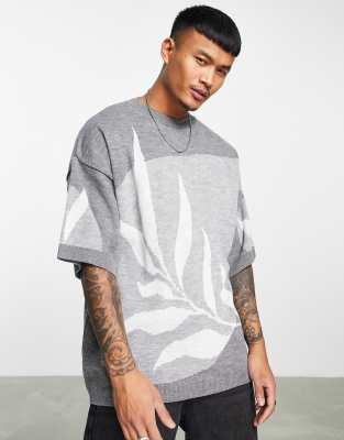 Topman oversized knitted t-shirt with leaf print in grey