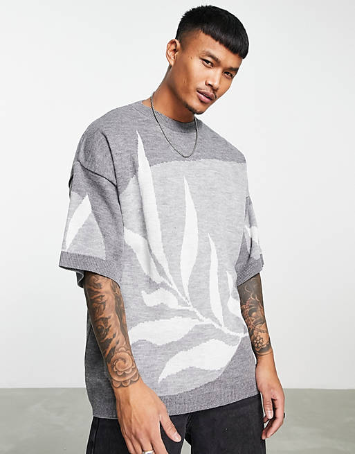 Men Topman oversized knitted t-shirt with leaf print in grey 