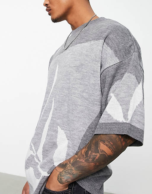 Men Topman oversized knitted t-shirt with leaf print in grey 