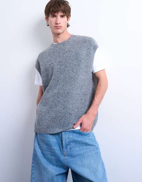 Topman - Oversized, koksgrå og strikket tanktop med rund hals - view 1