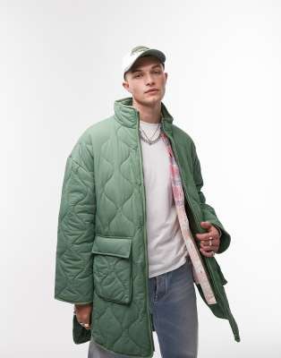 Topman oversized liner jacket with onion quilting in sage-Green