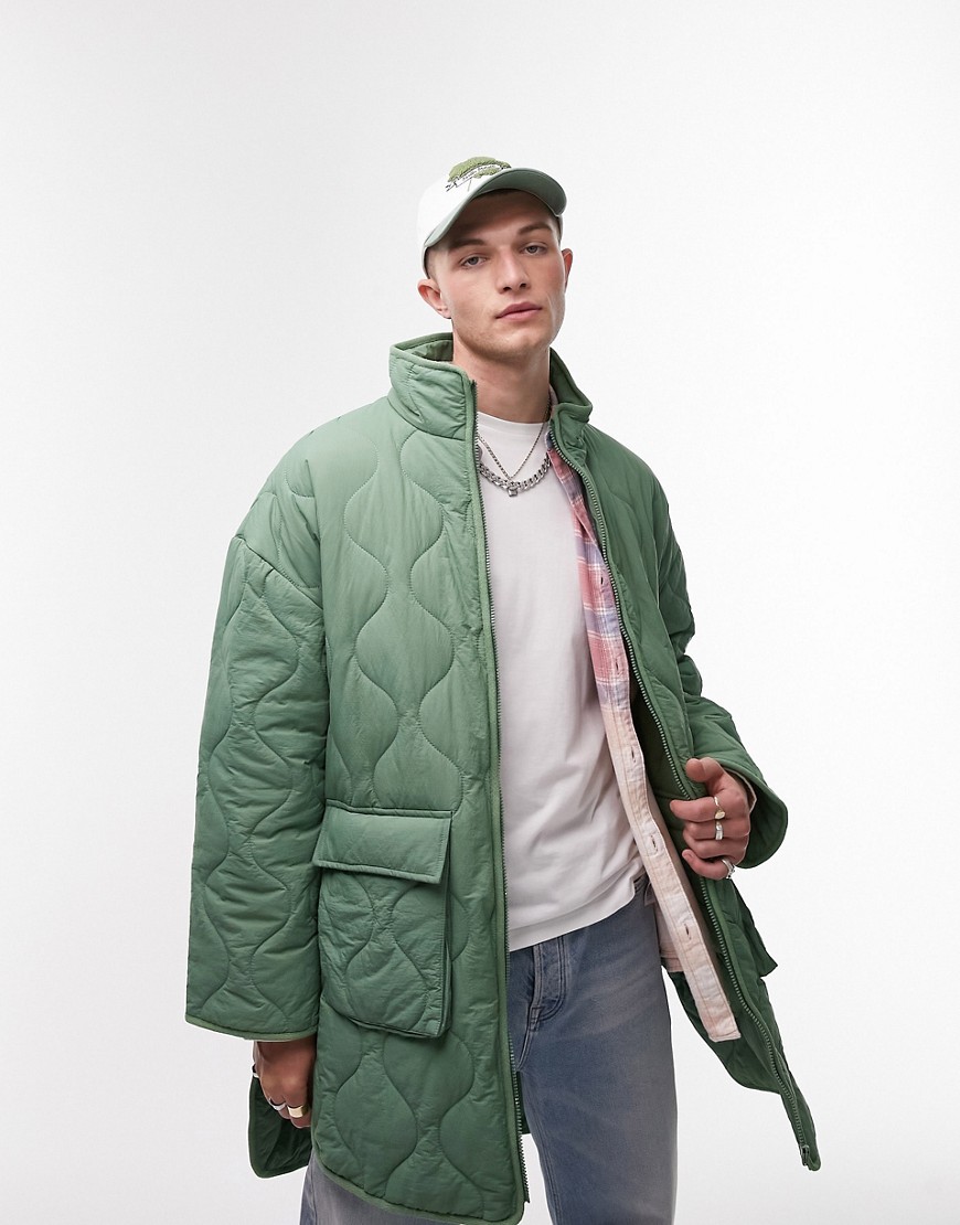 Topman oversized liner jacket with onion quilting in sage-Green