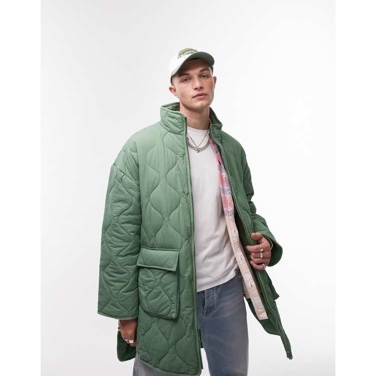 Topman oversized liner jacket with onion quilting in sage