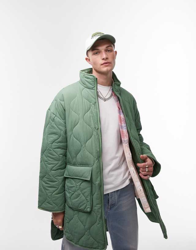 Topman - oversized liner jacket with onion quilting in sage