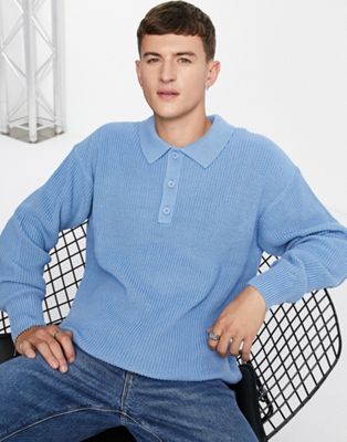Topman oversized long sleeve knitted polo in blue - ASOS Price Checker