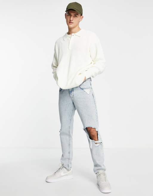 Topman oversized long sleeve knitted polo in ecru | ASOS