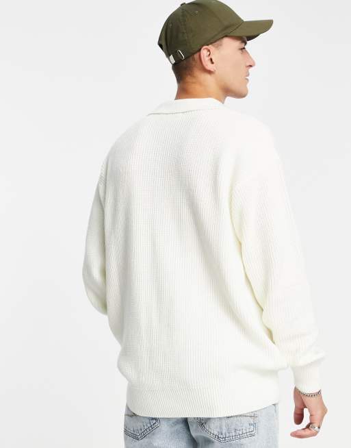 Topman oversized long sleeve knitted polo in ecru | ASOS