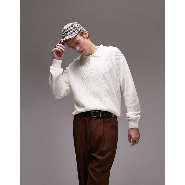 Topman oversized long sleeve knitted polo in ecru