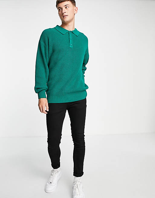  Topman oversized long sleeve knitted polo in green 