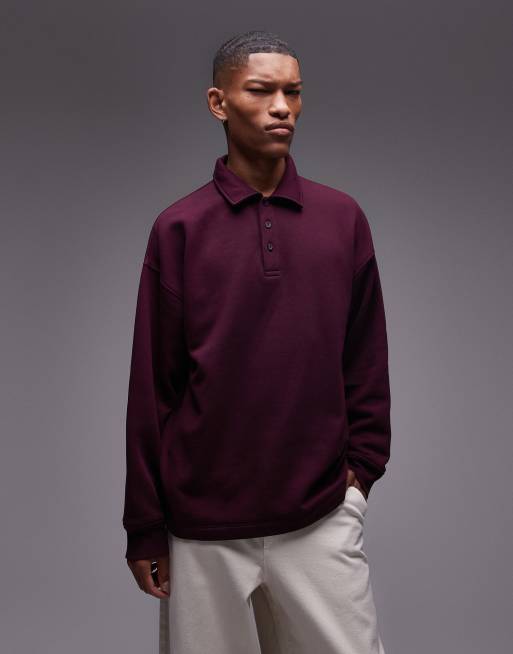 Topman oversized long sleeve sweat polo in burgundy