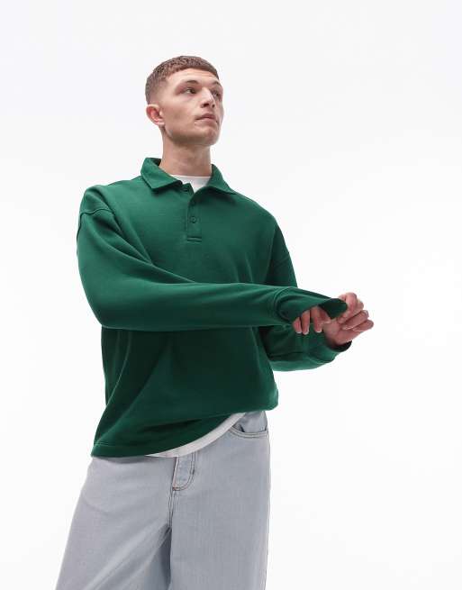 Topman oversized long sleeve sweats polo in green