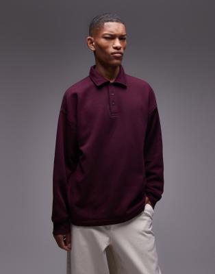 Topman Oversized Long Sleeve Sweatshirt Fabric Polo Shirt In Burgundy-red