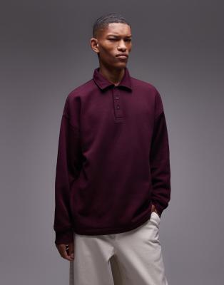 oversized long sleeve sweatshirt fabric polo shirt in burgundy-Red