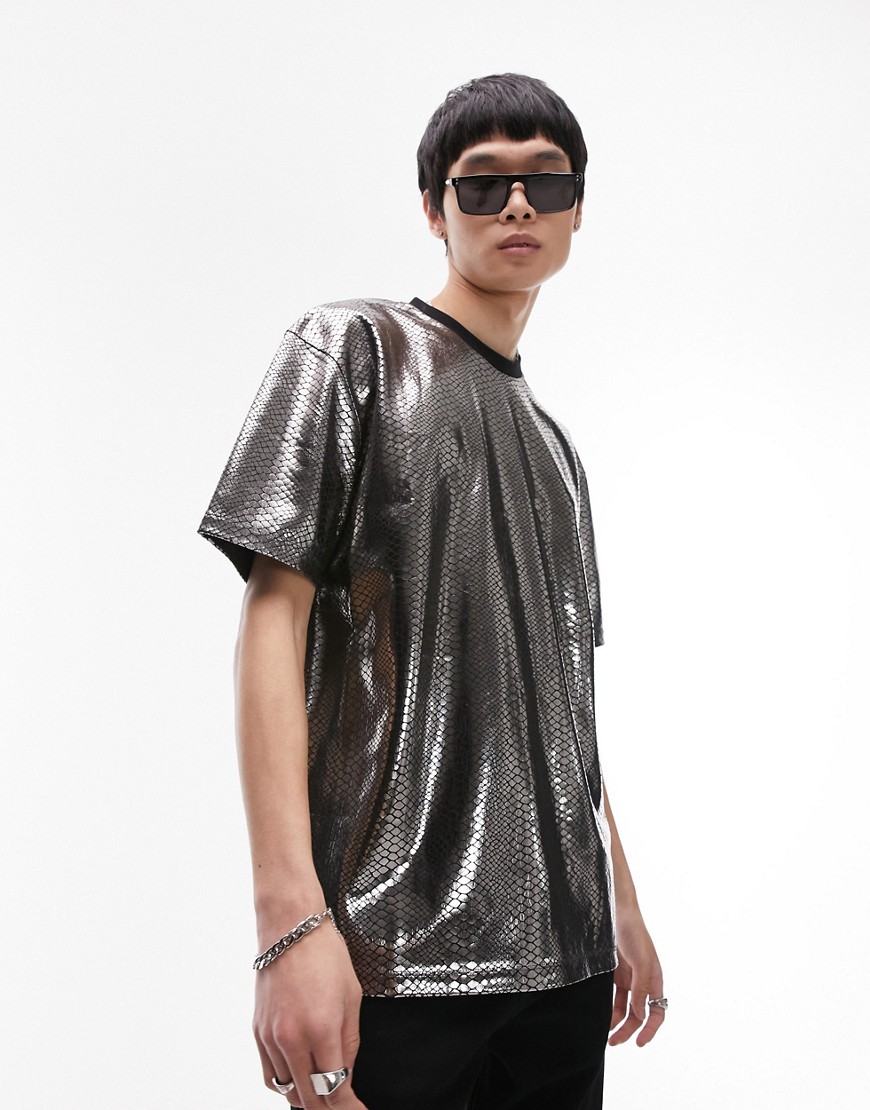 Topman oversized metallic scaled texture t-shirt in silver