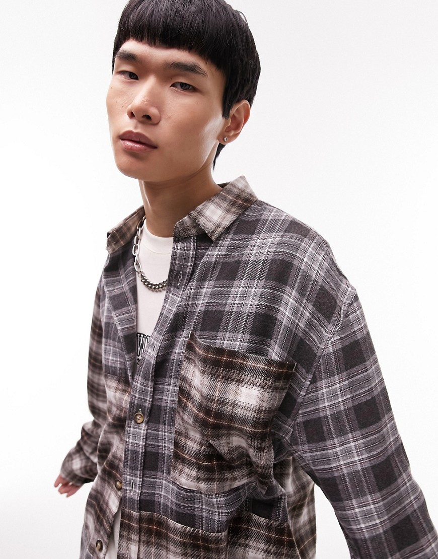 Topman oversized mix plaid shirt in navy and brown-Multi