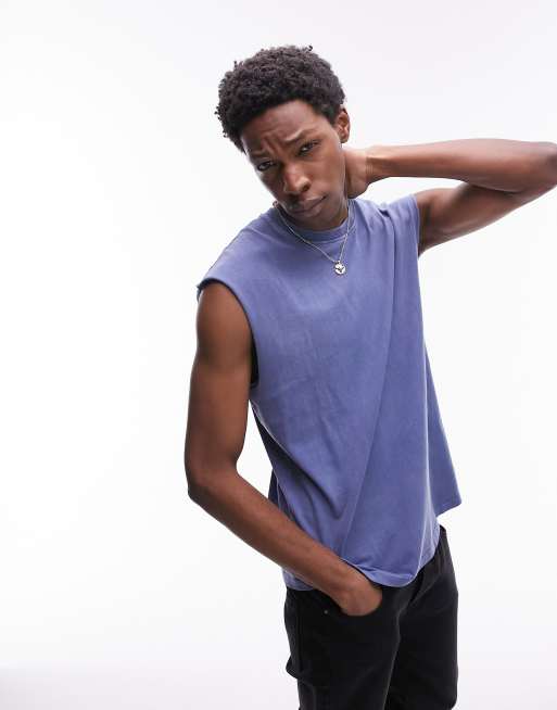Topman - Oversized mouwloos T-shirt in blauw met wassing