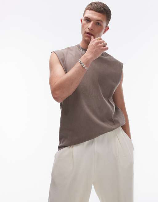 Topman - Oversized mouwloos T-shirt in bruin met wassing