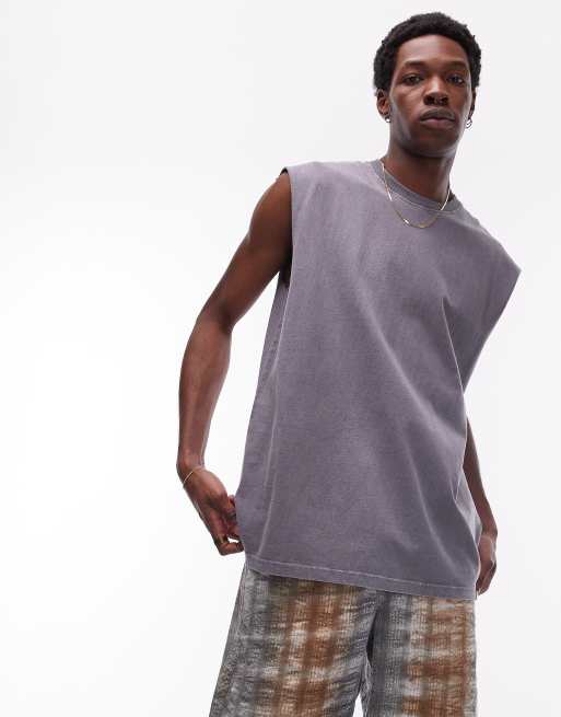 Topman - Oversized mouwloos T-shirt in grijs met wassing