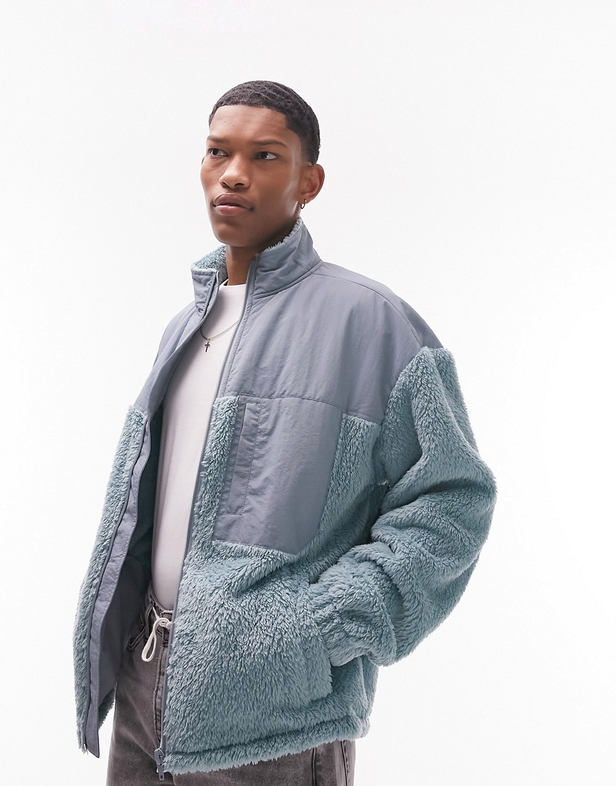 Topman oversized nylon panelled fur zip through jacket in blue