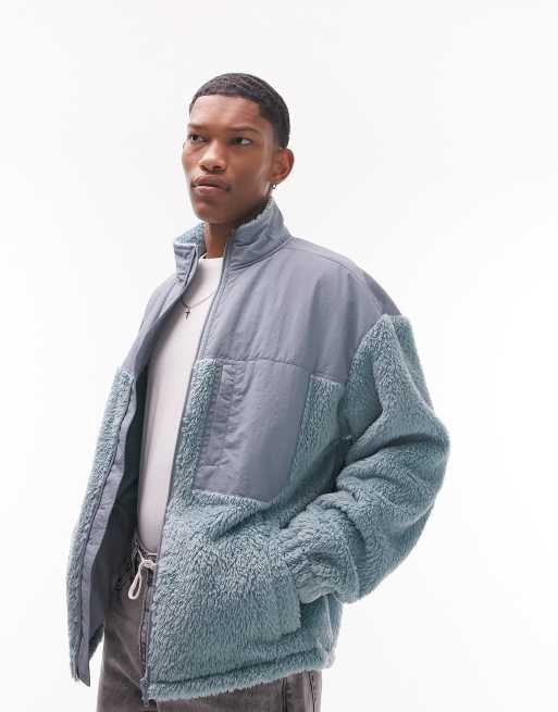 Topman oversized nylon panelled fur zip through jacket in blue ASOS