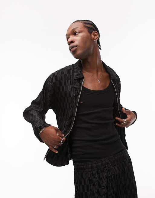 Topman - Oversized og sort poloskjorte med lange ærmer og lynlås i plisseret jacquard