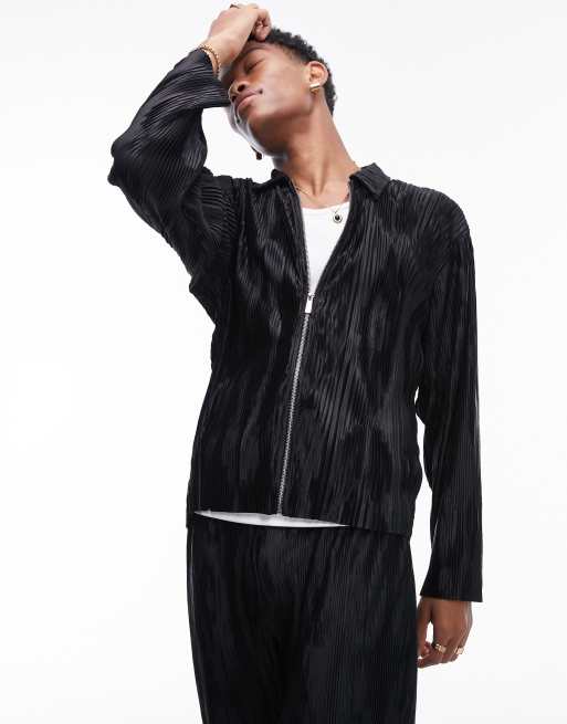 Topman - Oversized og sort poloskjorte med lange ærmer og lynlås i plisseret jacquard