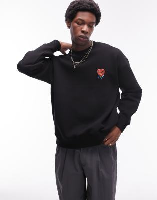Topman - Oversized og sort sweatshirt med hjertebrodering