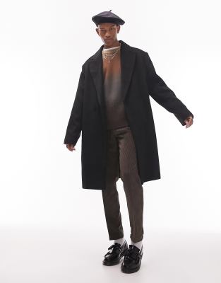 Topman Oversized Overcoat Jacket In Black-gray