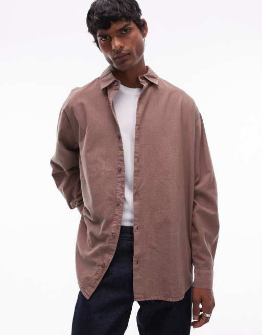 Topman - Oversized overhemd met lange mouwen in verwassen bruin