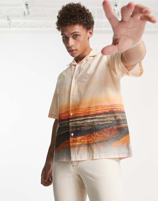Topman - Oversized overhemd met zonsondergang-print in oranje
