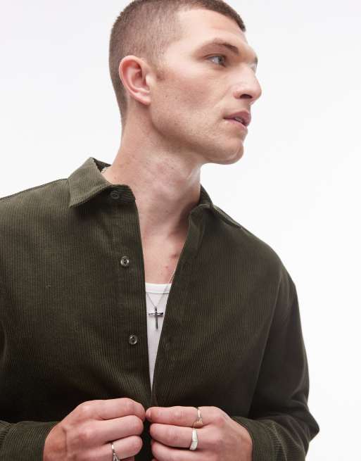 Topman - Oversized overhemd van corduroy met fijne ribbels in kaki, 2 van 4