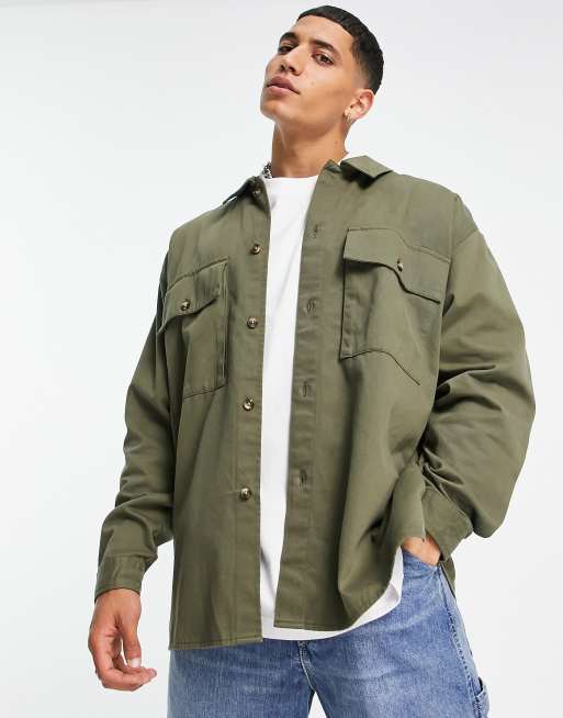 Topman oversized overshirt in khaki | ASOS