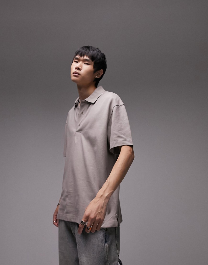 oversized pique polo in stone-Neutral