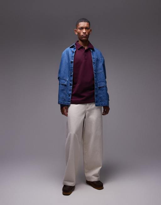 Topman - Oversized polo van sweatstof met lange mouwen in bordeauxrood, 4 van 4
