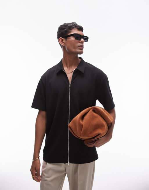 Topman - Oversized poloskjorte med gennemgående lynlås i sort jersey